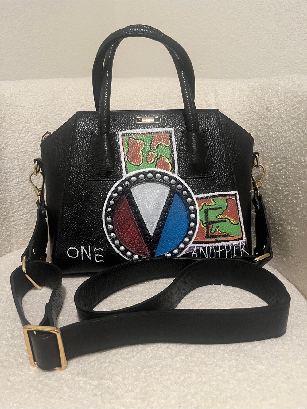 Mario Valentino Black Embellished Leather Satchel Bag - Love One Another Art